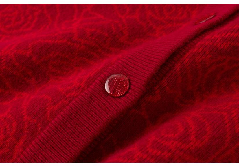 Women's Fashionable Red Pure Wool Jacquard Sweater Coat for Middle-Aged and Elderly Mothers