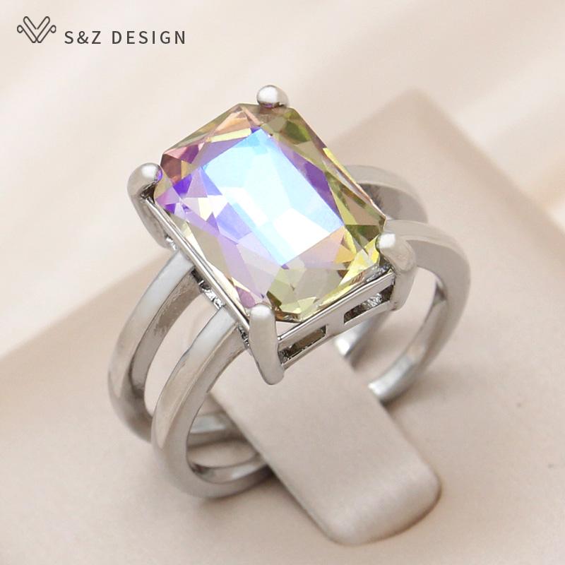 Fashion Rose Gold Color Adjustable Rectangle Crystal Rings For Women Wedding Party Jewelry Gift