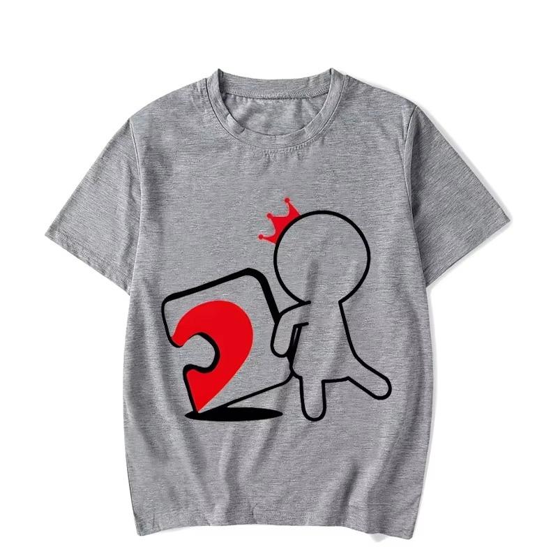 Cartoon Girl Boy Heart Puzzle Print Couple T-Shirt Short Sleeve Loose King Queen Tshirts Trend Lovers Shirt Unisex Tees