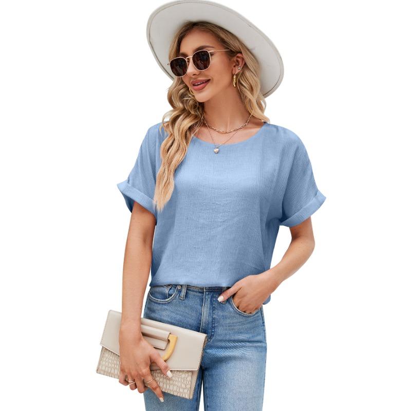 Round Neck Cotton Linen Shirt Women's Short Sleeved Blouse Loose Solid Color Breathable Top