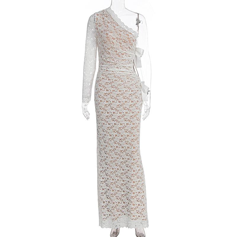 European and American style women's clothing autumn new sexy slanted shoulder hollow one-step skirt lace splicing high-end long skirt