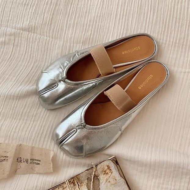 Sheepskin Version~ Shallow Mouth One-word Strap Thin Soft Split-toed Shoes Women's Single Shoes Genuine Leather Flat-soled Slippers