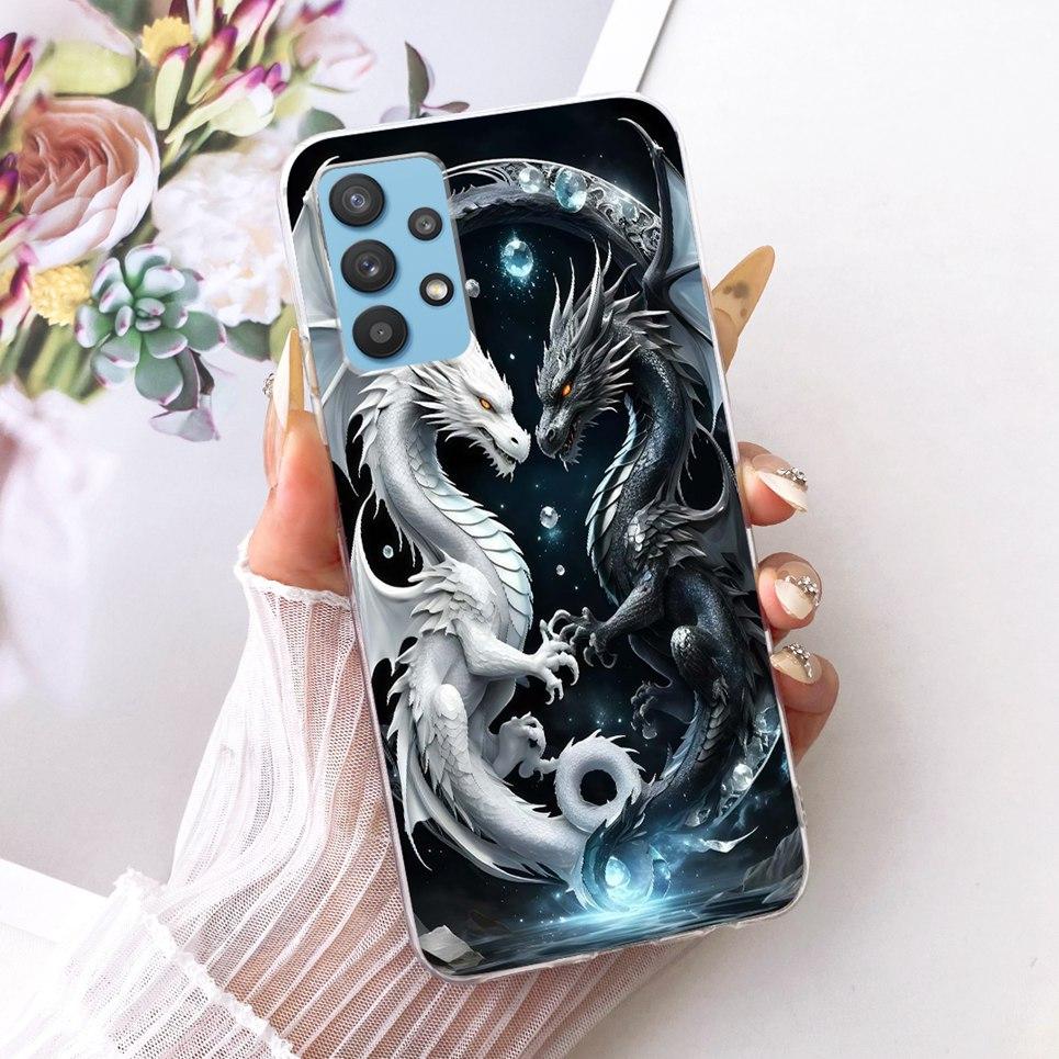 Cartoon Katze Drache Tiere Malerei Hülle für Samsung Galaxy A32 A33 5G 4G Rückseite Transparent Weiches TPU Silikon Handyhülle