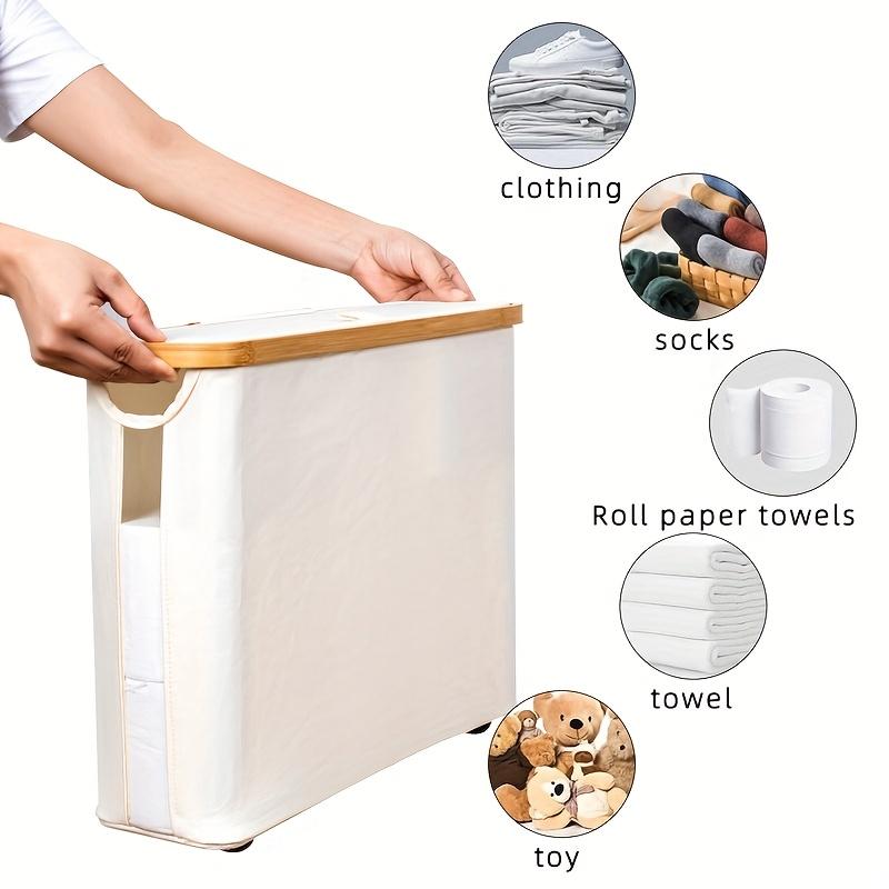 Large Capacity Toilet Paper Holder Foldable Space Saving Wood Frame with Gray Fabric End No Installation Required Toilet Paper Storage Containers