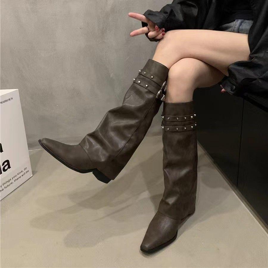 Fashion Middle Heel Studded Ladies Knee High Shaft Shoes Fashion 2025 Goth Footwear Designer Luxury Work Pu New In 39 Women's Long Boots