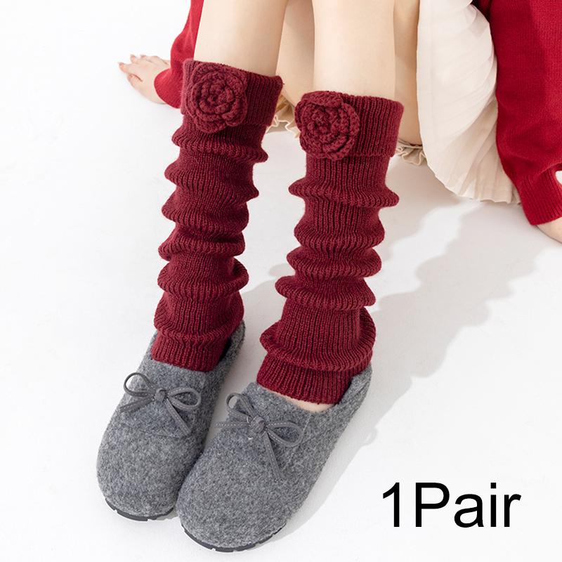

1Pair Sock Covers Personality High-top Women Cold-Proof Fashion Cotton Versatile Flower Decoration Knitted красный