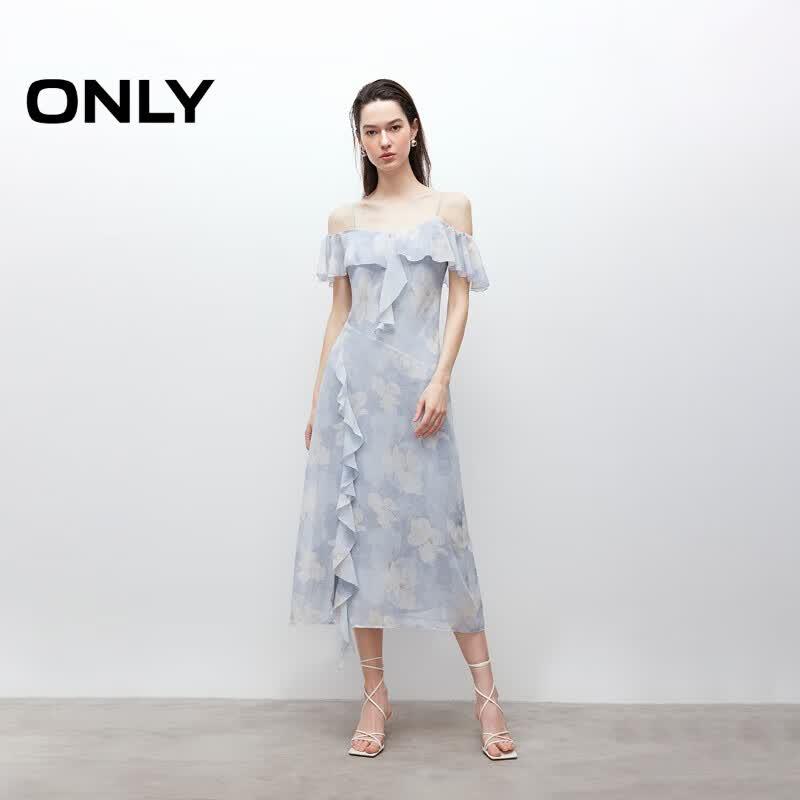 ONLY Women s Printed Ruffle Slit V-Neck Thin Strap Midi Dress S