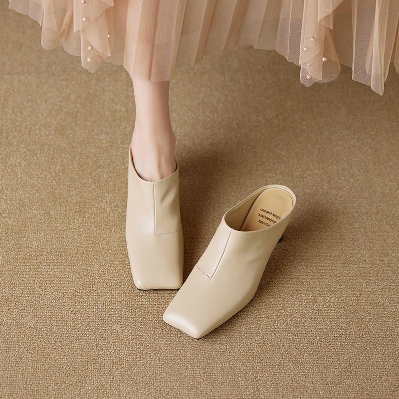 Fashion 2025 Women's Shoes New Summer Retro Square Toe Genuine Leather Sheepskin Baotou High Heel Large Muller Half Slippers Heels Women