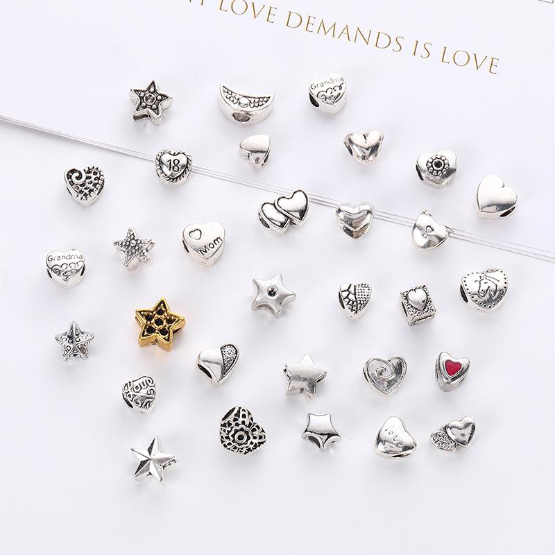 Diy Handmade Ancient Silver Tibetan Silver Jewelry Accessories, Multi-Style Pentagram Love Hole Beads, Bracelet, Alloy Bead Spacer Beads