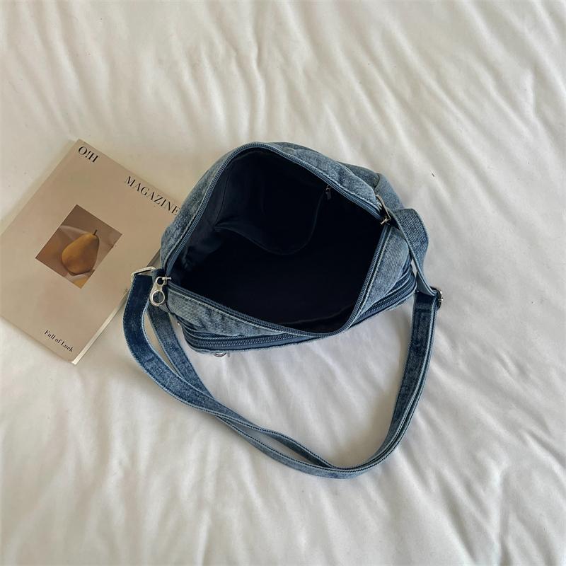 Washed Denim Crossbody Bag with Front Zipper Pocket and Decorative Chain Detail Casual Shoulder Purse for Women Daily