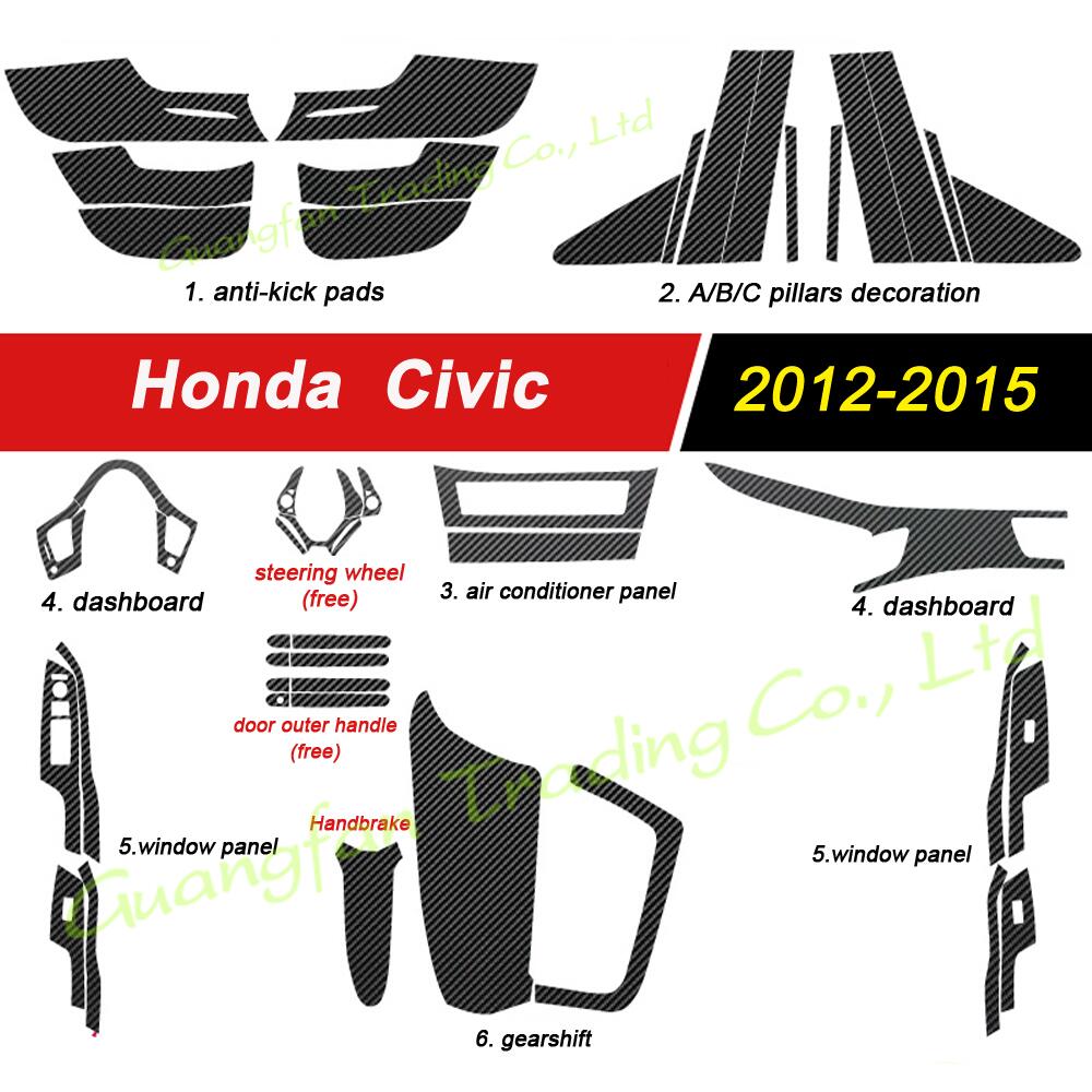 3D/5D Carbon Fiber Car Interior Cover Console Color Sticker Decals Parts Accessories For Honda Civic 9th Gen 2012-2015 4 Doors
