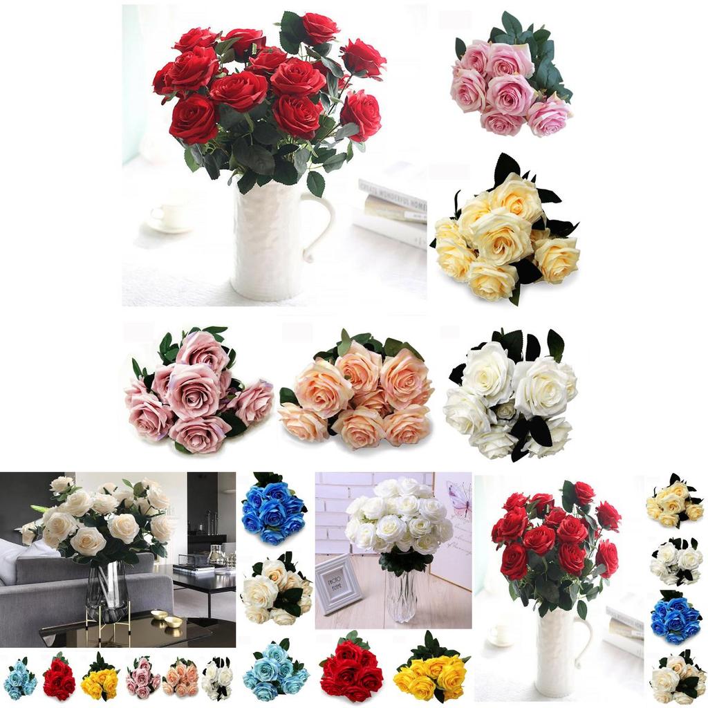 Elegant 10 Heads Silk Rose Artificial Flowers Bouquet For Wedding And Home Decor