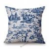 Navy Blue Delft Blue Toile De Jouy Pattern Design Royal Elegant Home Decorative Sofa Throw Pillowcase Cotton Linen Cushion Cover