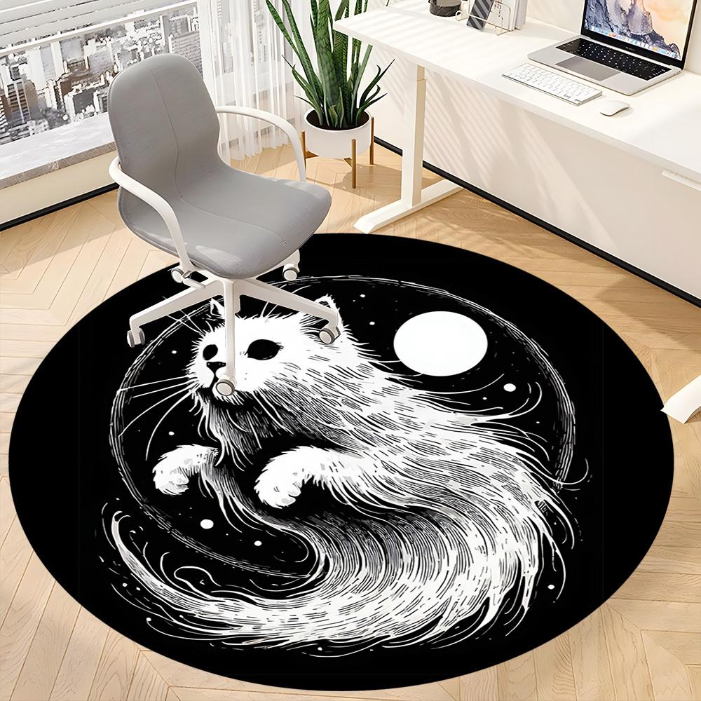 1pc Yin Yang Cat Office Round Area Rug, Under Office Chairs Bedroom Living Room Home Decor, Room Deco, Available In Various Sizes