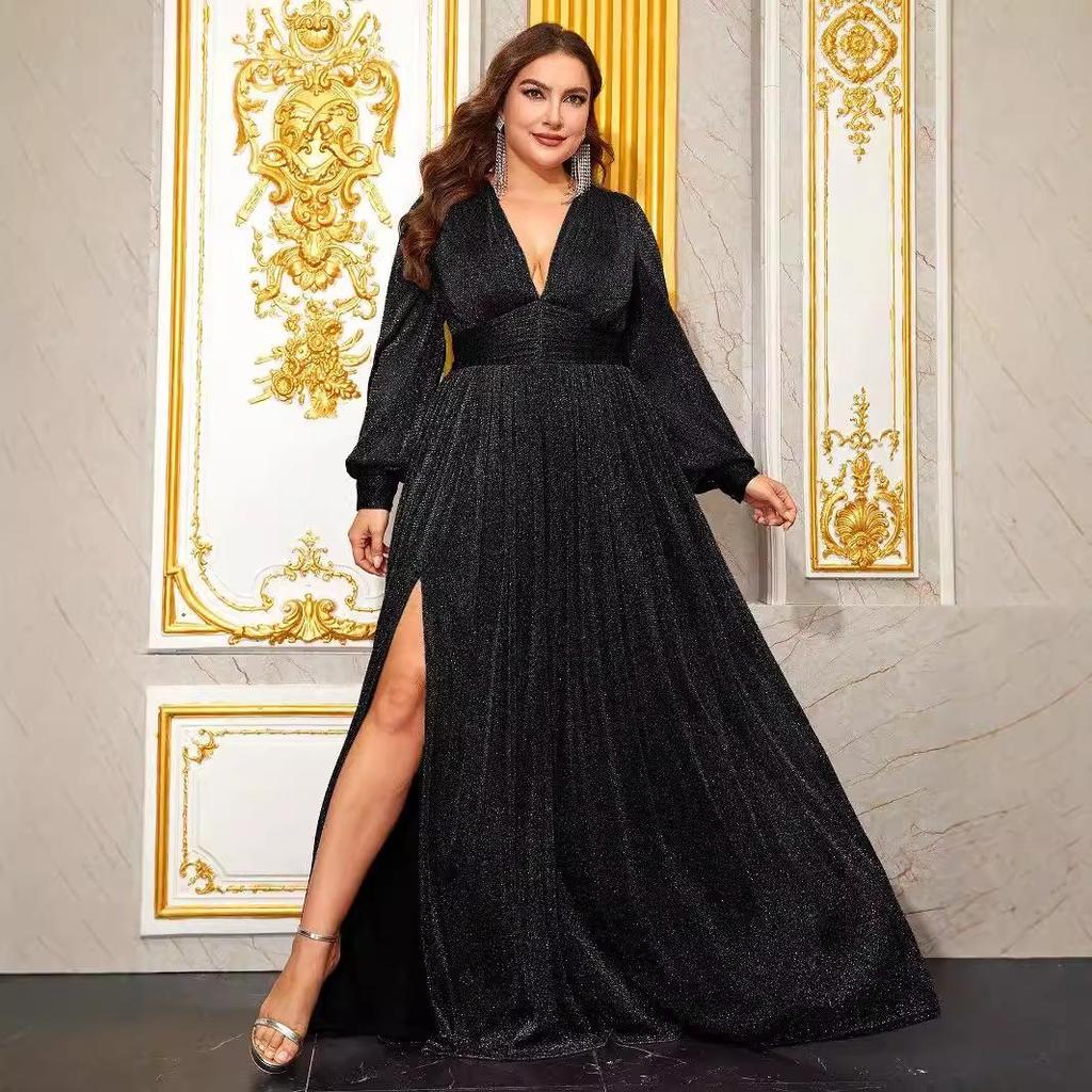 Plus Size Women's Deep V-Neck Lantern Sleeve Evening Gown with Slit - FMGN1043