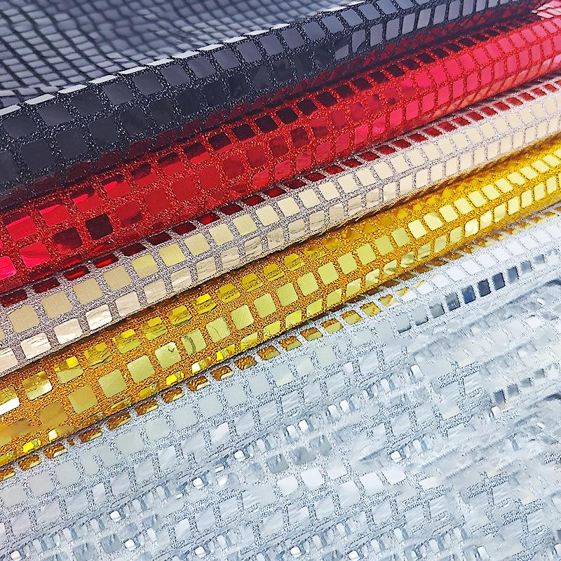 Premium Designer Fabric for Party Dresses - Soft Mirror Mesh with Metallic Dark Gold Square Lattice & Lurex Shimmer