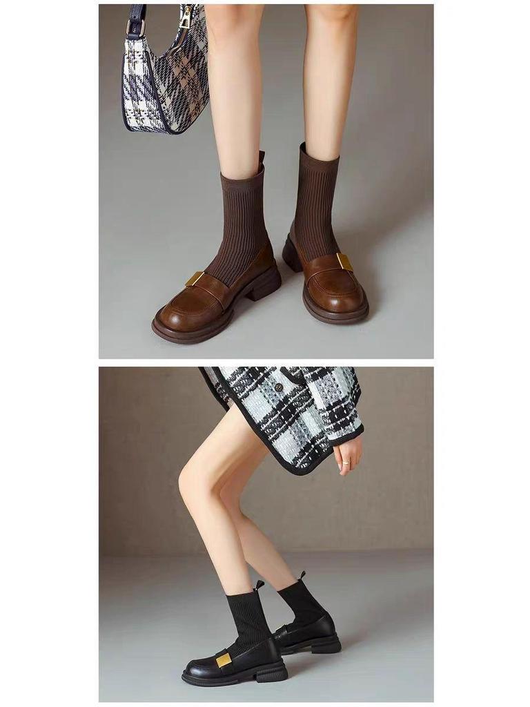Women's Knitted Stretch Slimming Chunky Heel Ankle Boots, 2025 Autumn/Winter Retro Brown Mid-Heel Martin Loafers.