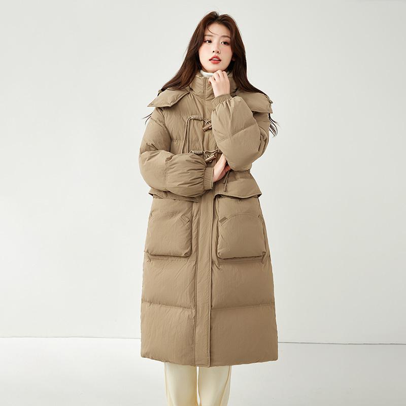 Women's Long Loose Light Down Jacket Autumn Winter Hooded Straight White Duck Down Coat Stand Collar Big Pocket Solid Color