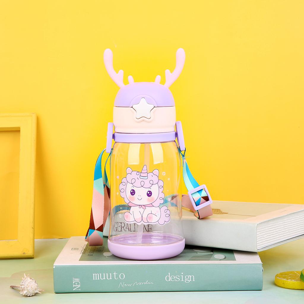 600ml Creative Antler Sippy Cup Water Bottle with Straw Portable Kids Leakproof Jug Outdoor Sports Bottles Children's Drinkware