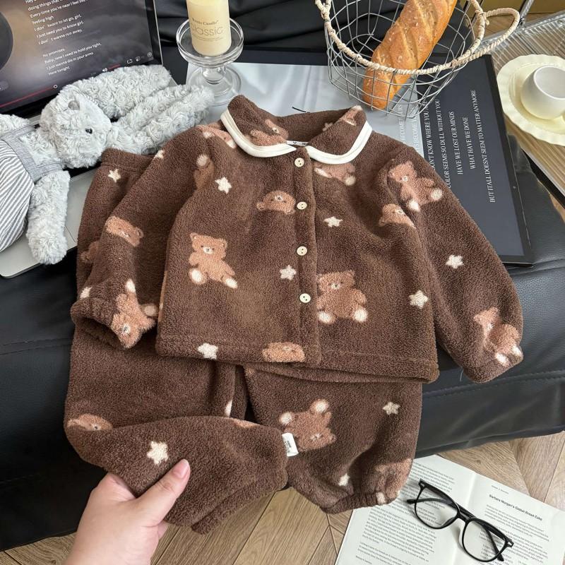 Kids Winter Warm Fleece Pajama Set Long Sleeve Top Pants Soft Thick Sleepwear Boys Girls 3-8 Years