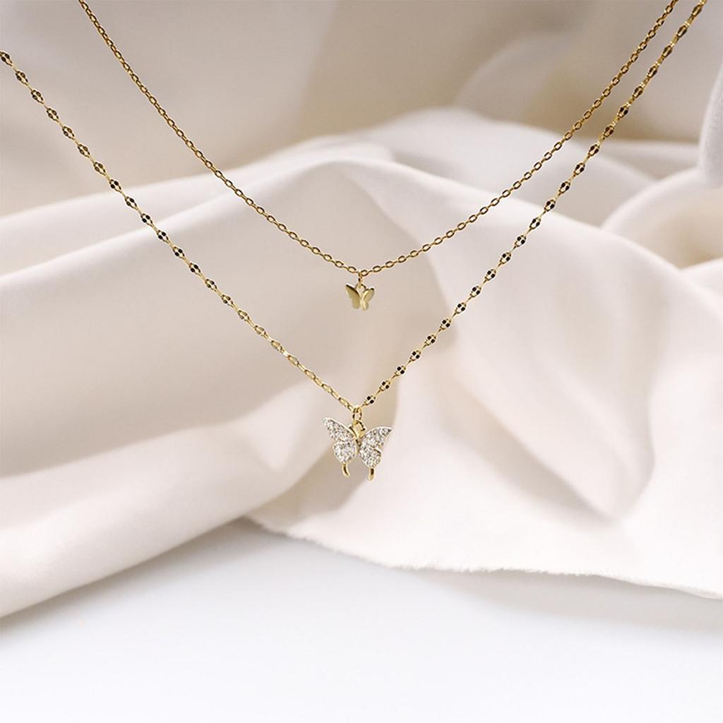 Vintage Layered Crystal Butterfly Necklace Stylish Minimalist Design Pendant Necklaces Gift for Women Teen Girls Girlfriend