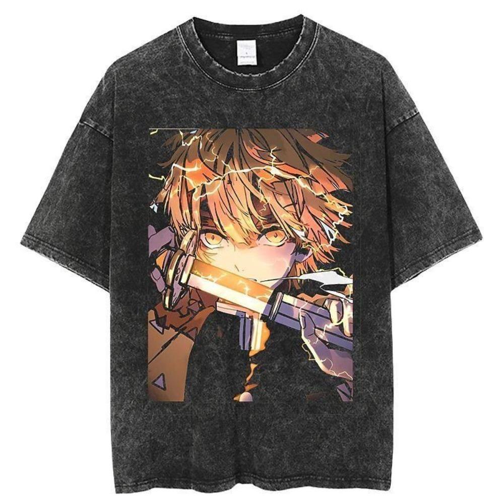 Original Ghost Slayer Retro Washed Anime Short Sleeved T-shirt with Printed Pattern for Daily Leisure Sports T-shirt