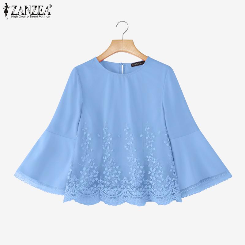ZANZEA Women Casual Embroidery Mesh Patchwork Loose 3/4 Sleeve Blouse