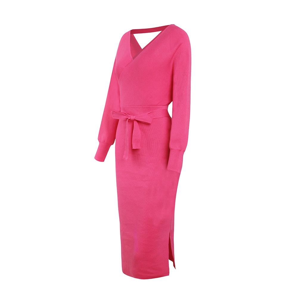 Autumn and Winter Knitted Dress Women Slim V-neck Sweater Dress Tie Long Sweater