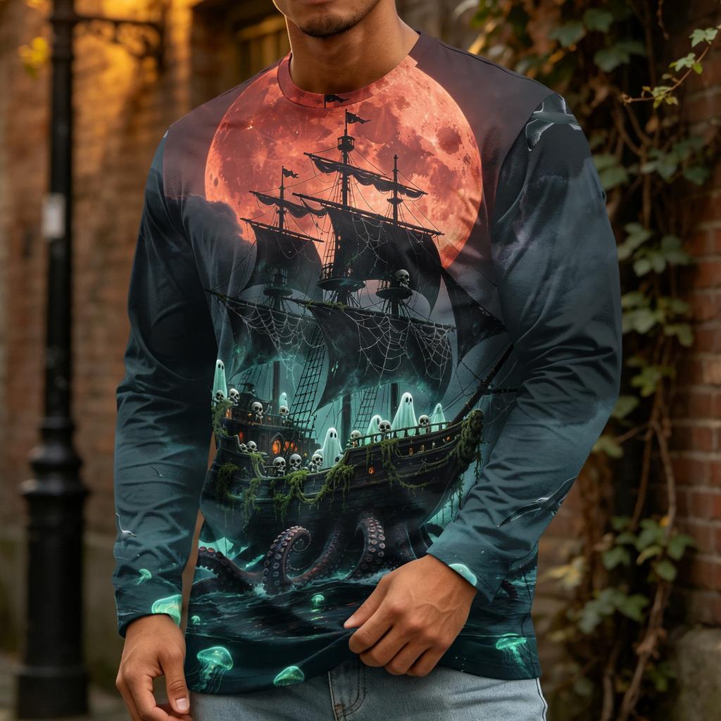 Men's Halloween Print Crewneck Long Sleeve T-Shirt for Casual Wear