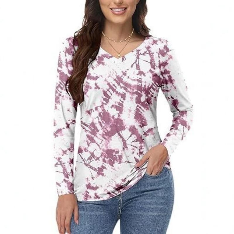 Damen 3D-Druck V-Ausschnitt Langarm T-Shirt Mode Vielseitig Trend Atmungsaktiv Lässig