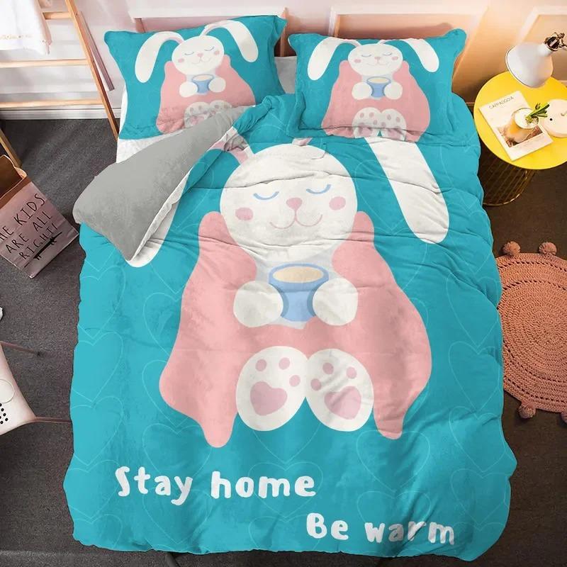 Cartoon Rabbit King Queen Duvet Cover Pet Animal Carrot Bedding Set for Kids Easter Theme Bule Polyester Quilt Cover