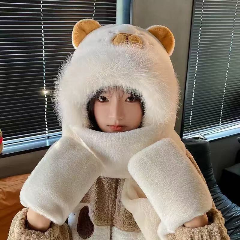 Autumn and winter new cute plush rabbit ears cat claws hat scarf three-piece set women's warm and cold ear protection cycling