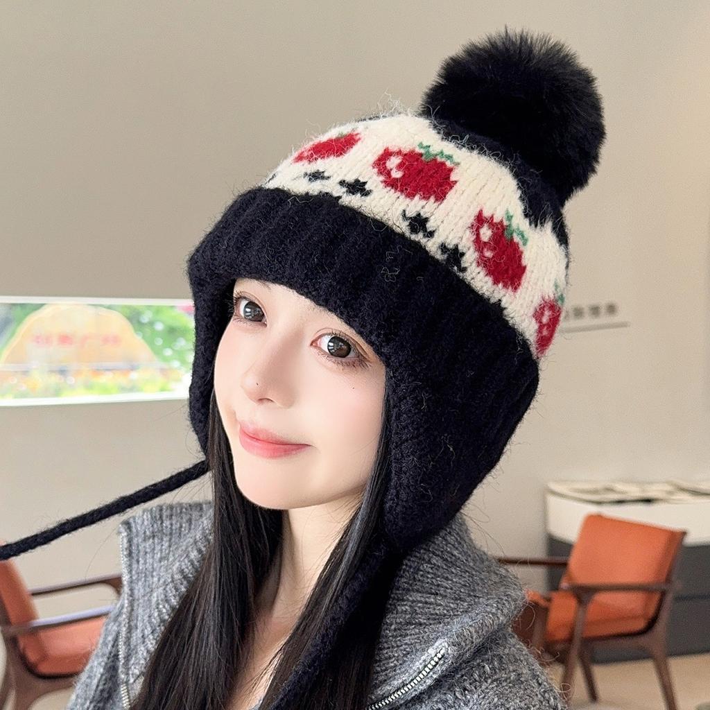 Retro ski wool hat women's autumn and winter northeast thickened warm ear protection hat hairball knitted hat winter pullover hat
