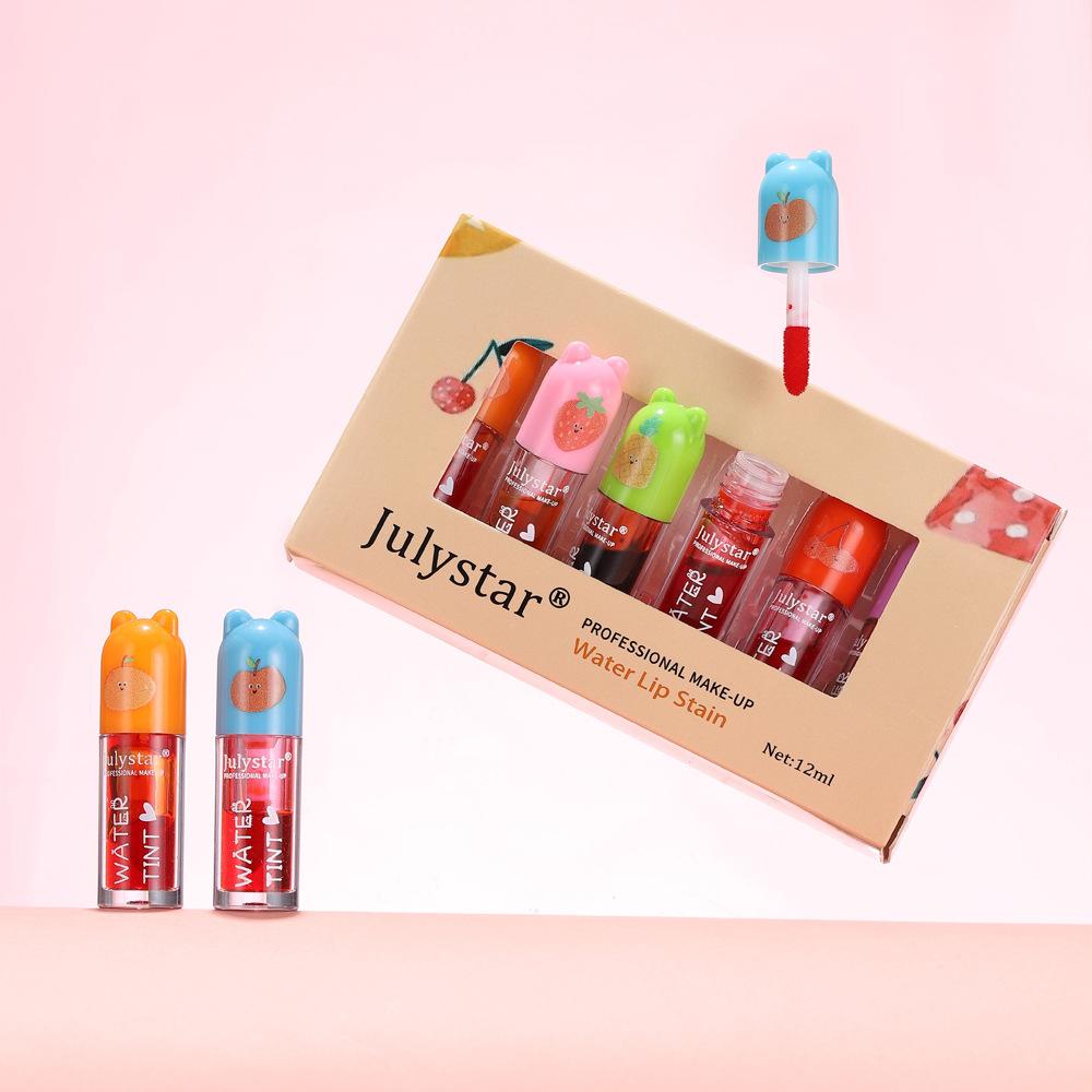 Julystar 6Pcs Lip Stain Set - Cute Bear Fruit Flavored Lip Tint Liquid Lip Gloss Kit, Long Lasting Waterproof Moisturizing Makeup Gift Set