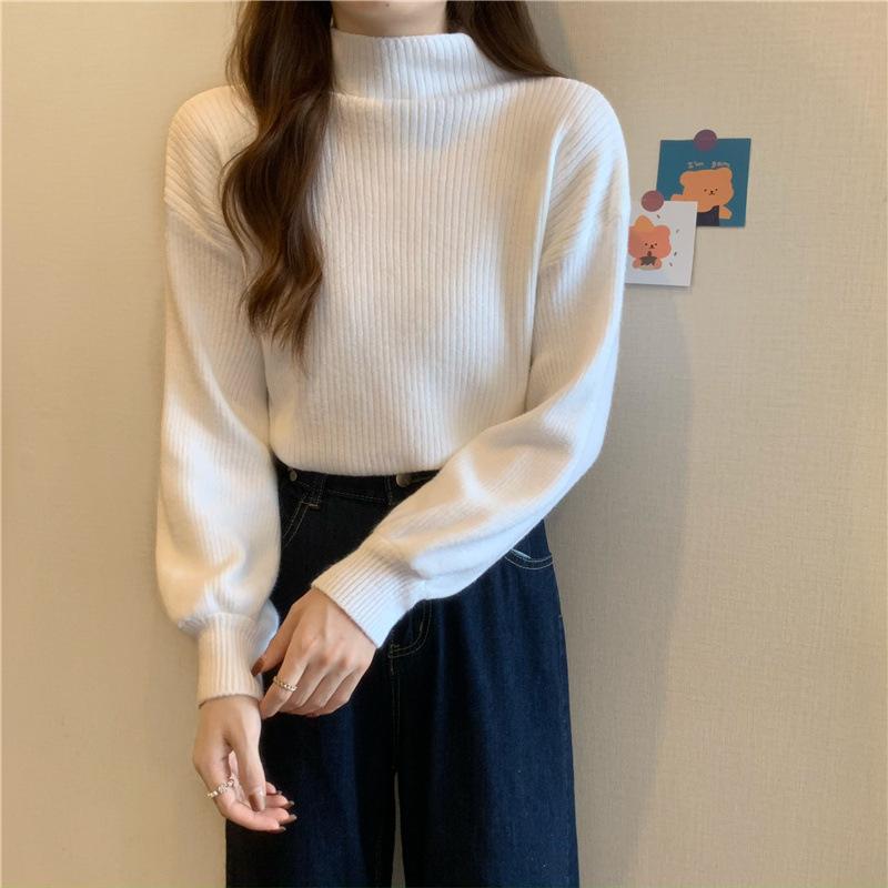 Half Turtleneck Sweater for Women Loose Solid-color Knitted Sweater for Autumn and Winter Casual Long-sleeved Pullover