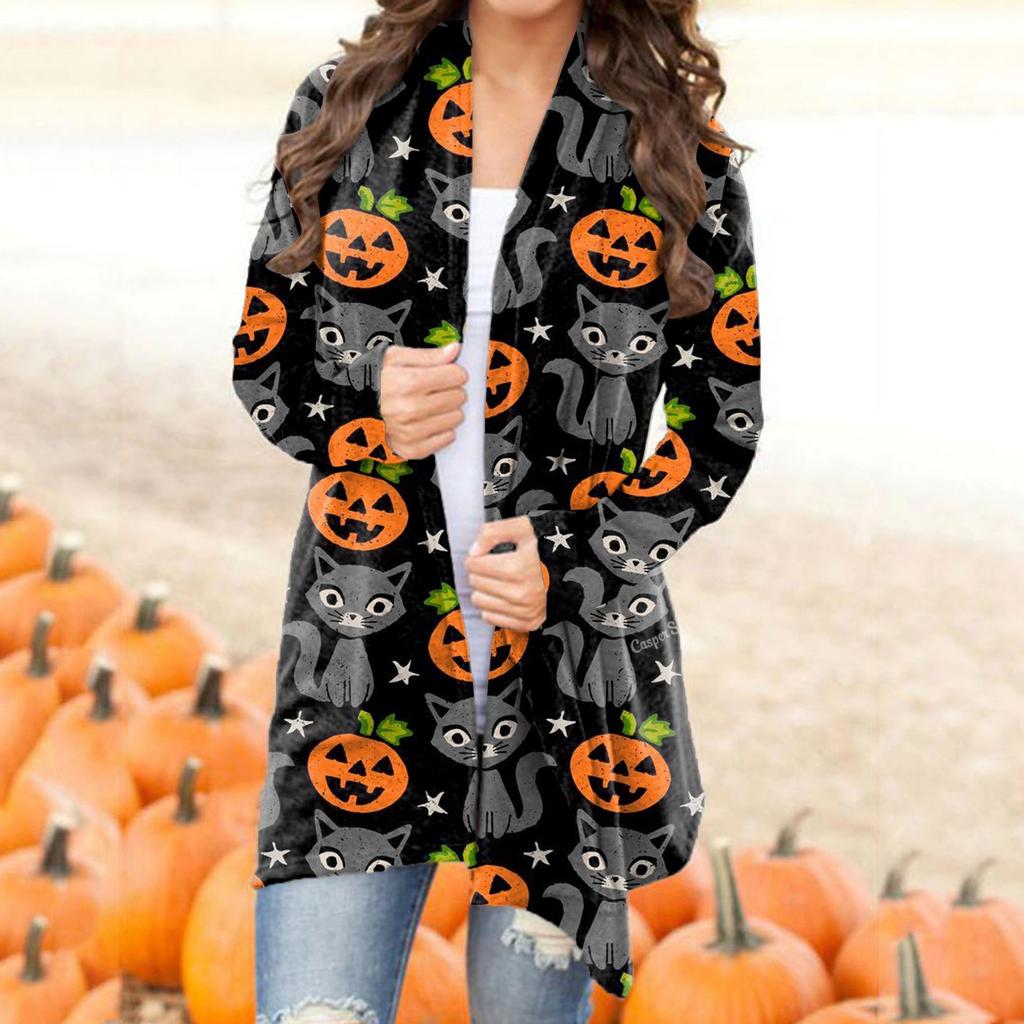 Fashion Women's Halloween Animal Cat Print Langermet Cardigan Jacket