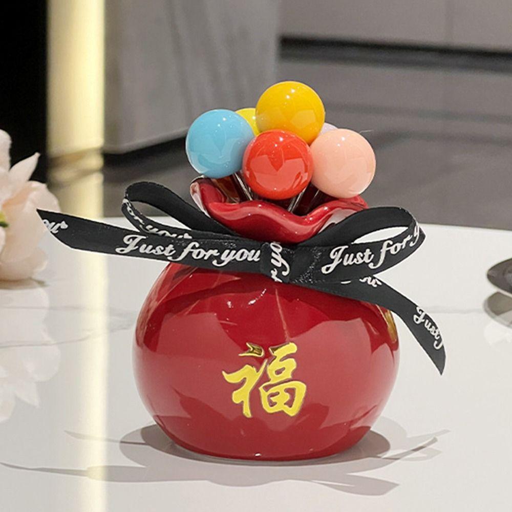 Creative Fu Bag-shaped Fruit Fork Set Rustproof Anti-scald Blessing Bag Fruit Fork Storage Set Ceramic Jar Food Grade