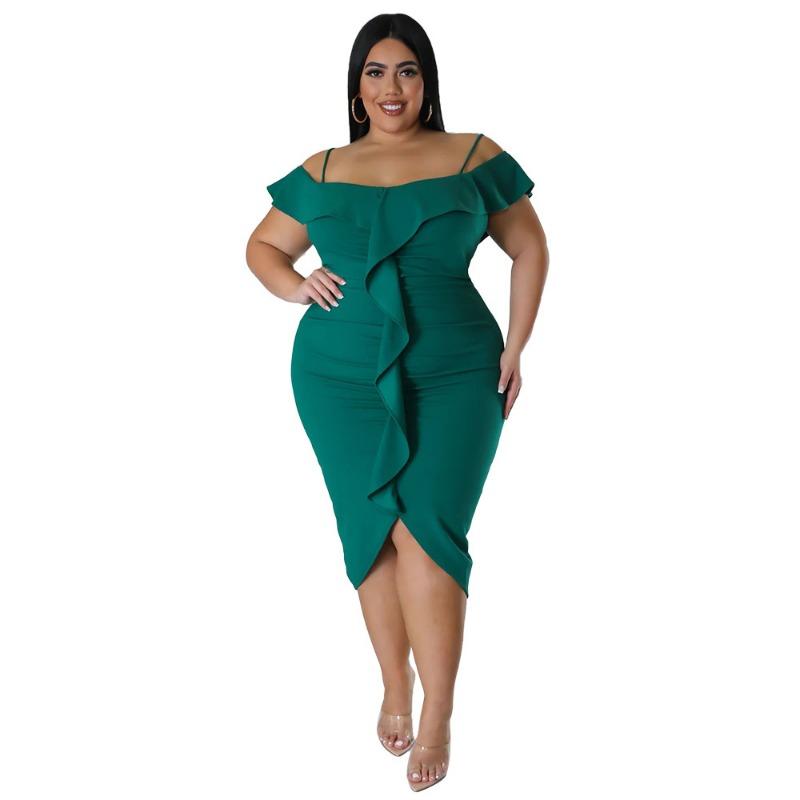 

Plus Size Hot Pink Off Shoulder Ruffle Ruched Split Bodycon Midi Dress L зелёный
