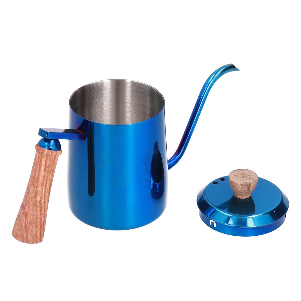 600ml Edelstahl Manueller Kaffeekocher Langer Schmaler Ausguss Aufgießkessel mit HolzgriffBlau