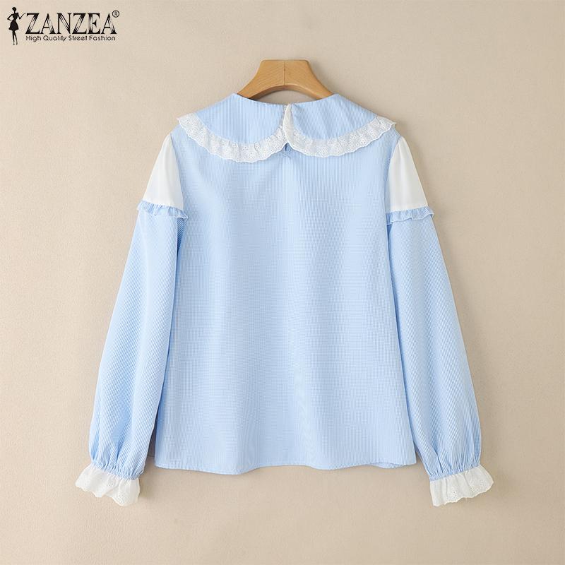 ZANZEA Womens Casual Doll Collar Long Sleeve Loose Patchwork Blouse