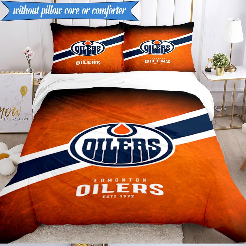 3PCS Edmonton Oilers Emblem Bedding Set,Including 1pc Duvet Cover And 2pcs Pillowcases Perfect for Bedroom, Dormitory, Fan Christmas Gift