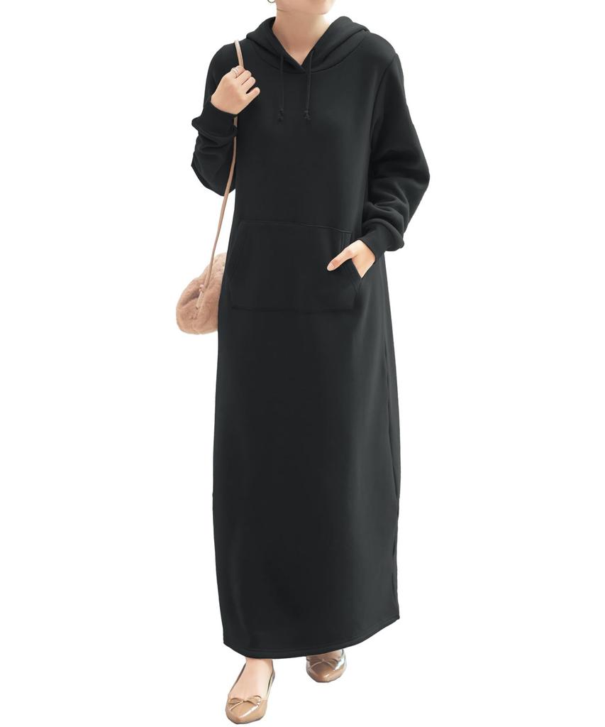 Kobe Lettuce Sweatshirt Dress Black "Nukumori" Fleece-Lined Dress, Hoodie, Fleece-Lined [E1121] Medium, Short,