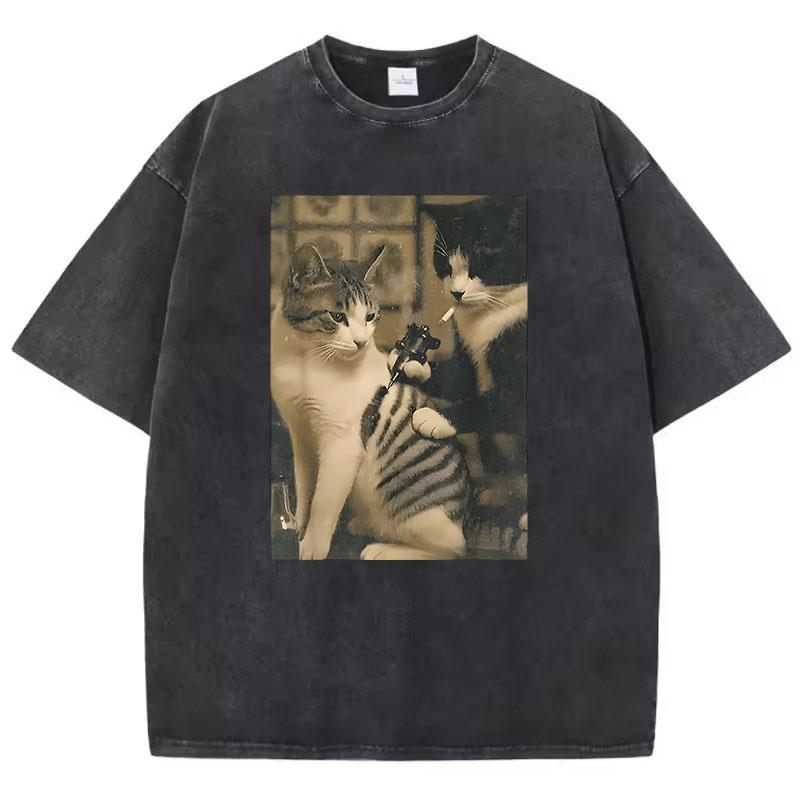 Gewassen Katoenen T-shirt Retro Rokende Kat Ontwerp Geprint Grafisch T-shirt Casual Streetwear Lente Zomer T-shirt Vintage