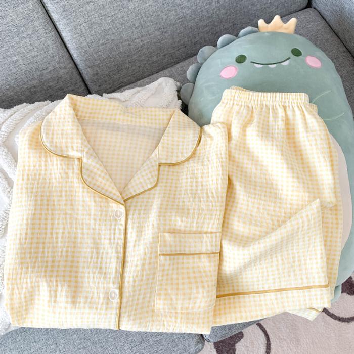 Summer Women Short Sleeve Top and Shorts 2 Piece Set Pajamas Female Thin Cotton Fashion Sleepwear Pink Plaid Cardigan Pyamas Set