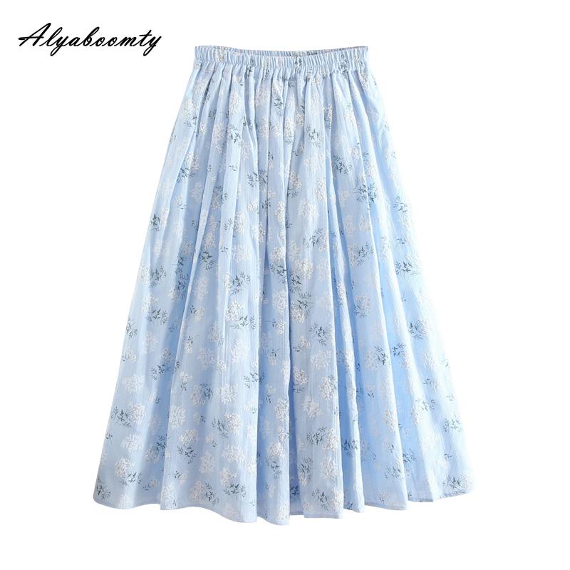 Japanese Mori Girl Spring Summer Women Blue Floral Skirt High Waist Print Elegant Skirt Cotton Linen Feminine A-Line Skirt