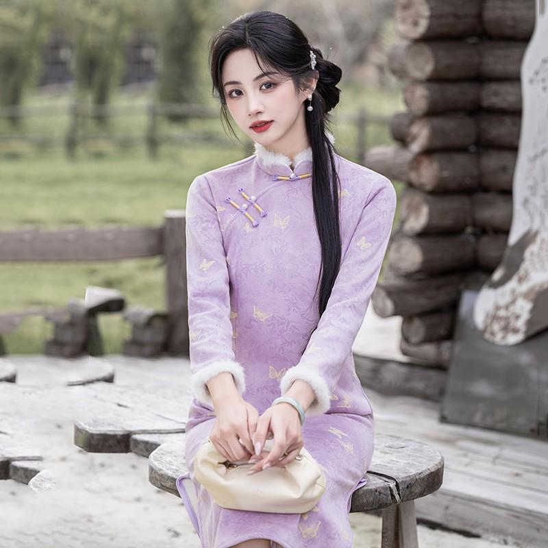 Womens Long Sleeve Winter Warm Chinese-Inspired Midi Dress With Stand Collar Closure Fleece-Lined Velvet Fabric