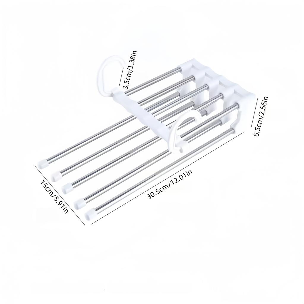 5-Bar Folding Pants Rack with Telescopic Magic Clips - Heavy-Duty Stainless Space-Saving Portable Pants Hanger