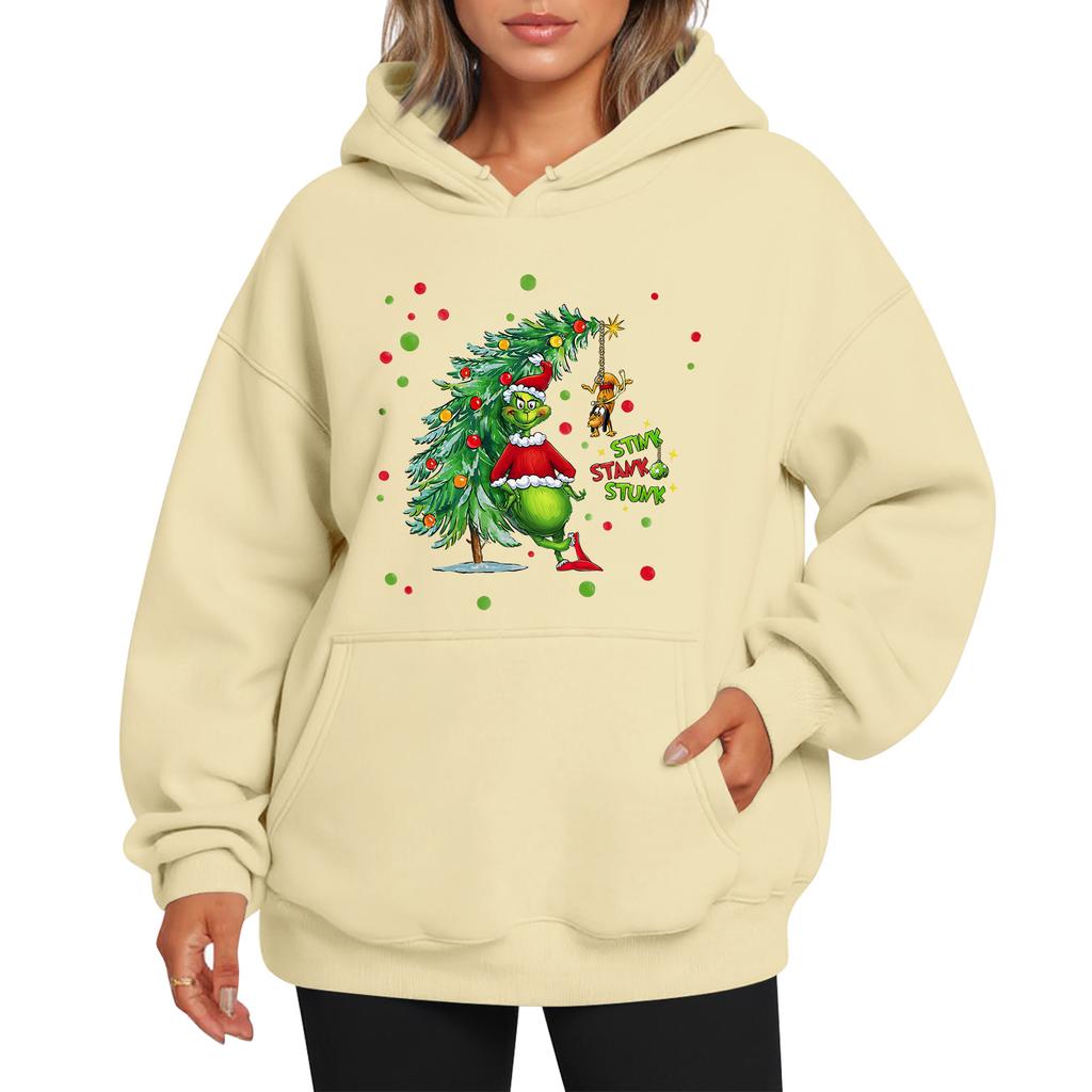 Ladies' Christmas Style Printed Hoodie With Wool And Pockets For Women