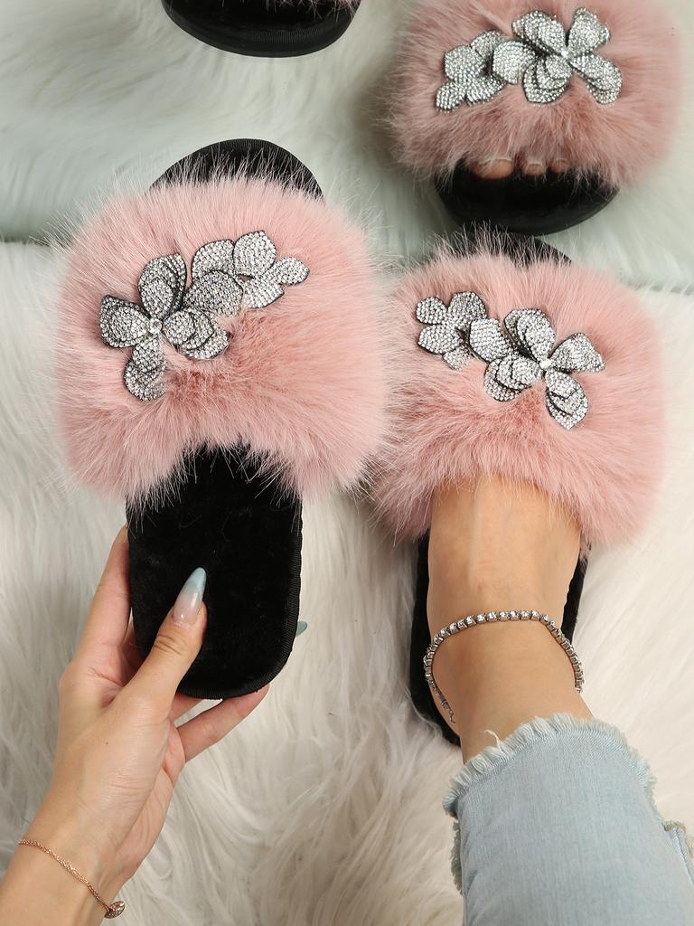 Autumn and winter new long-haired dopamine color bright diamond texture flower large size fluffy slippers