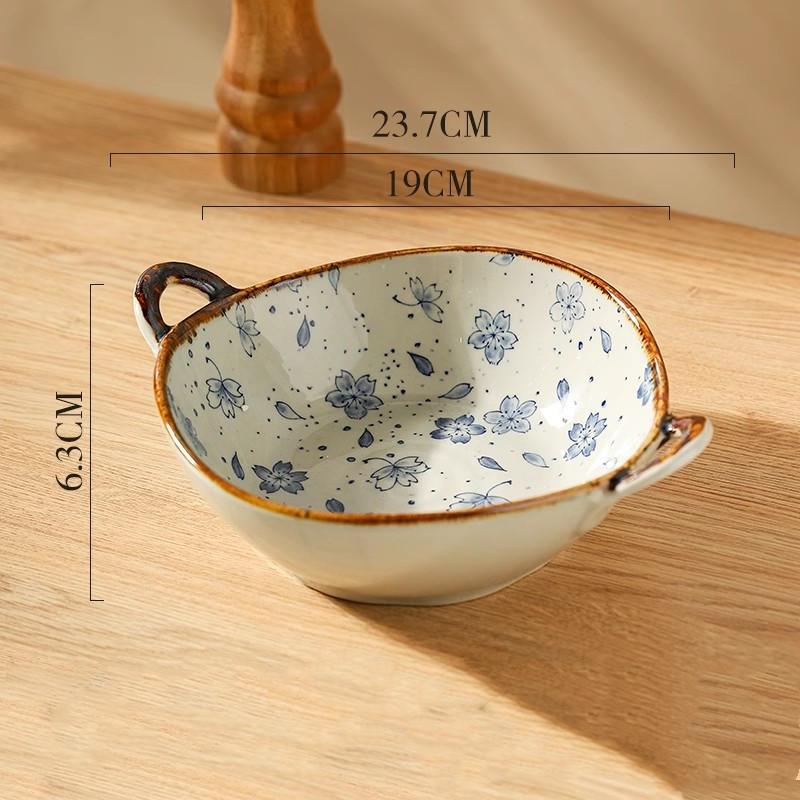 1PC Japanese Style Double-handle Soup Bowl Ceramic Noodle Bowl Kitchen Tableware Pasta Salad Bowl Home Microwave Oven Bakware